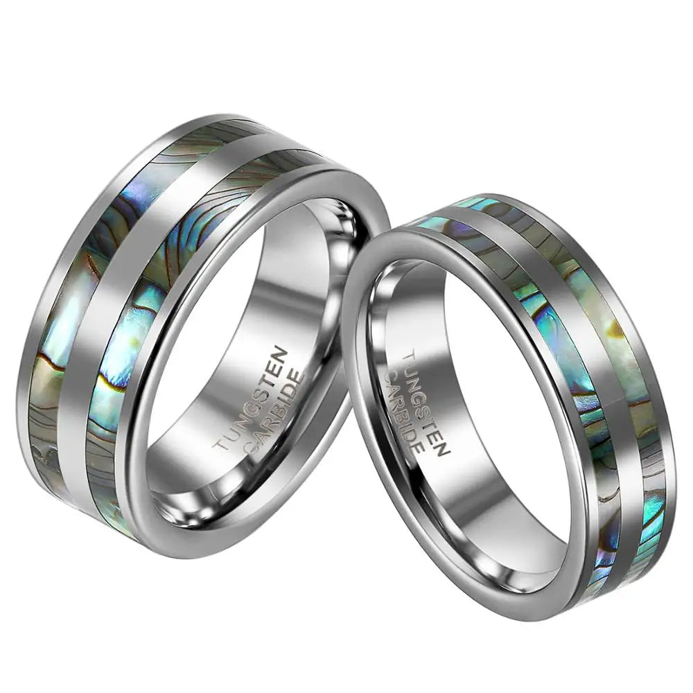 High Polish Tungsten Ring – Double Abalone Inlay Wedding Band Jewelry