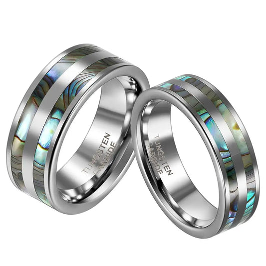 High Polish Tungsten Ring – Double Abalone Inlay Wedding Band Jewelry