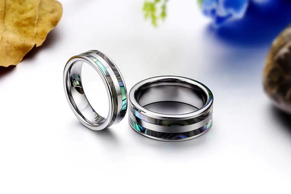 High Polish Tungsten Ring – Double Abalone Inlay Wedding Band Jewelry