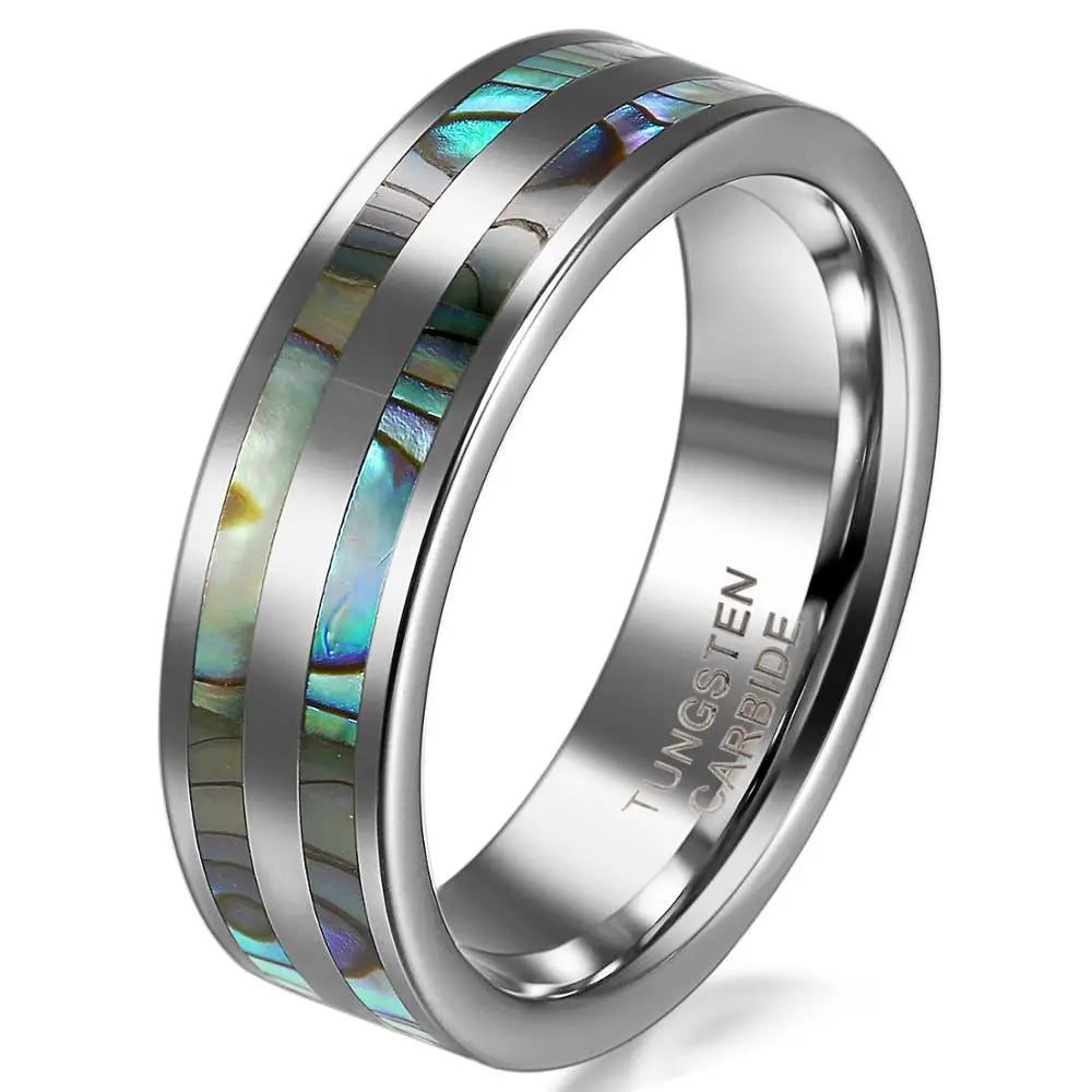 High Polish Tungsten Ring – Double Abalone Inlay Wedding Band Jewelry