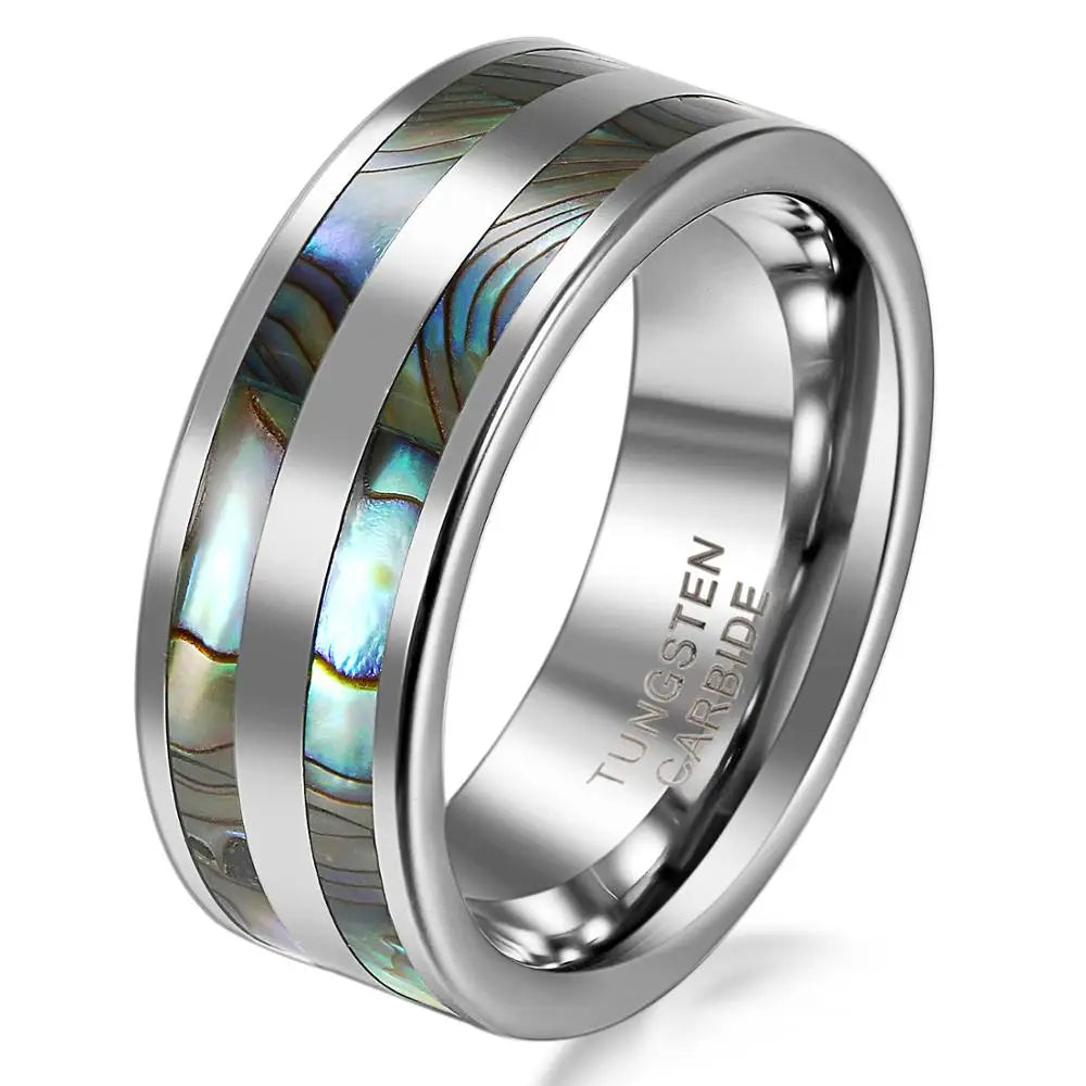 High Polish Tungsten Ring – Double Abalone Inlay Wedding Band Jewelry