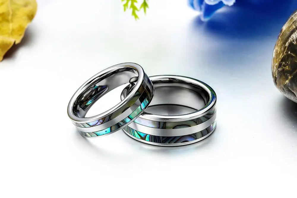 High Polish Tungsten Ring – Double Abalone Inlay Wedding Band Jewelry