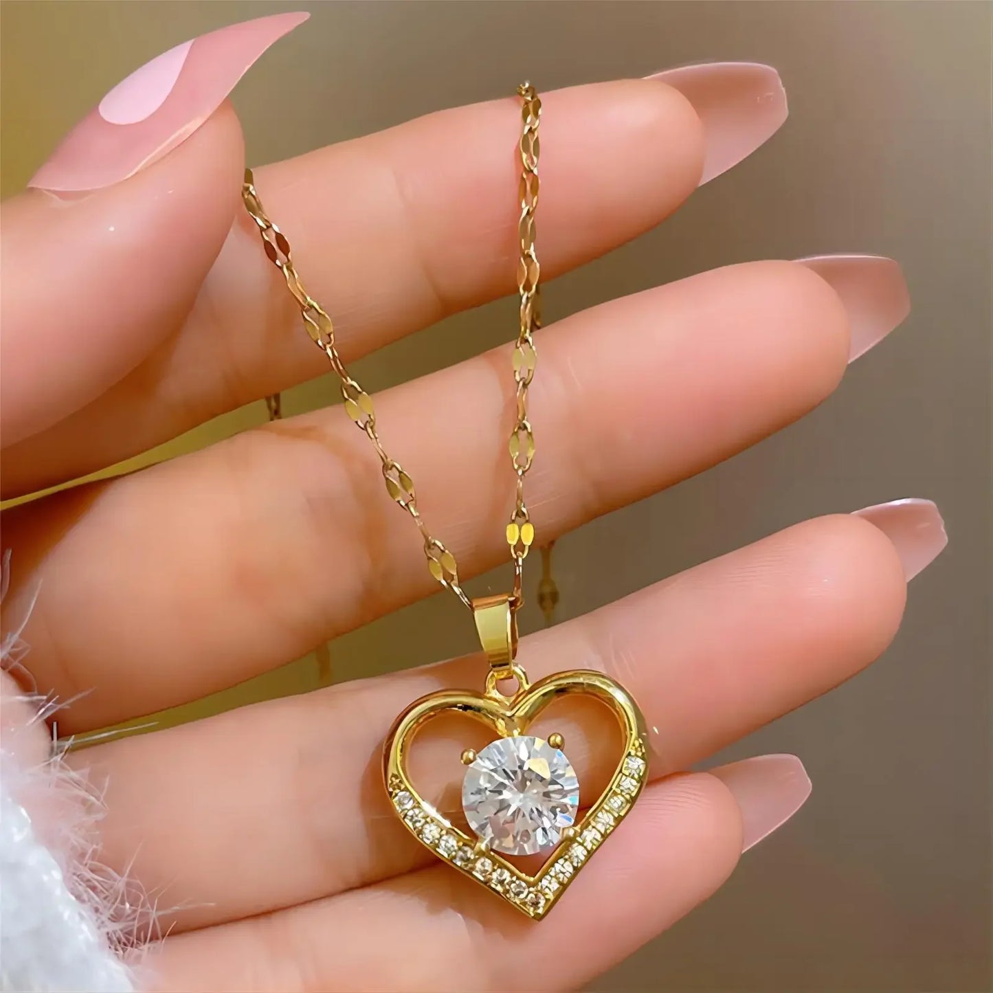 Zircon Heart Pendant Necklace – Stainless Steel Jewelry Gift
