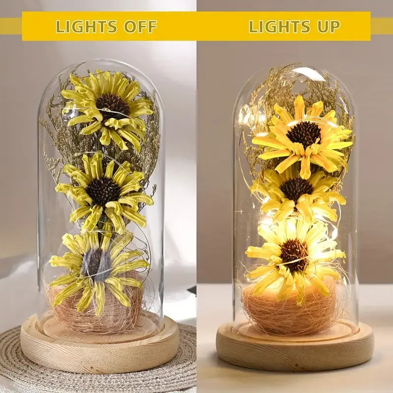Artificial Sunflower in Glass Dome – LED Light Flower Gift for Valentine’s & Mother’s Day