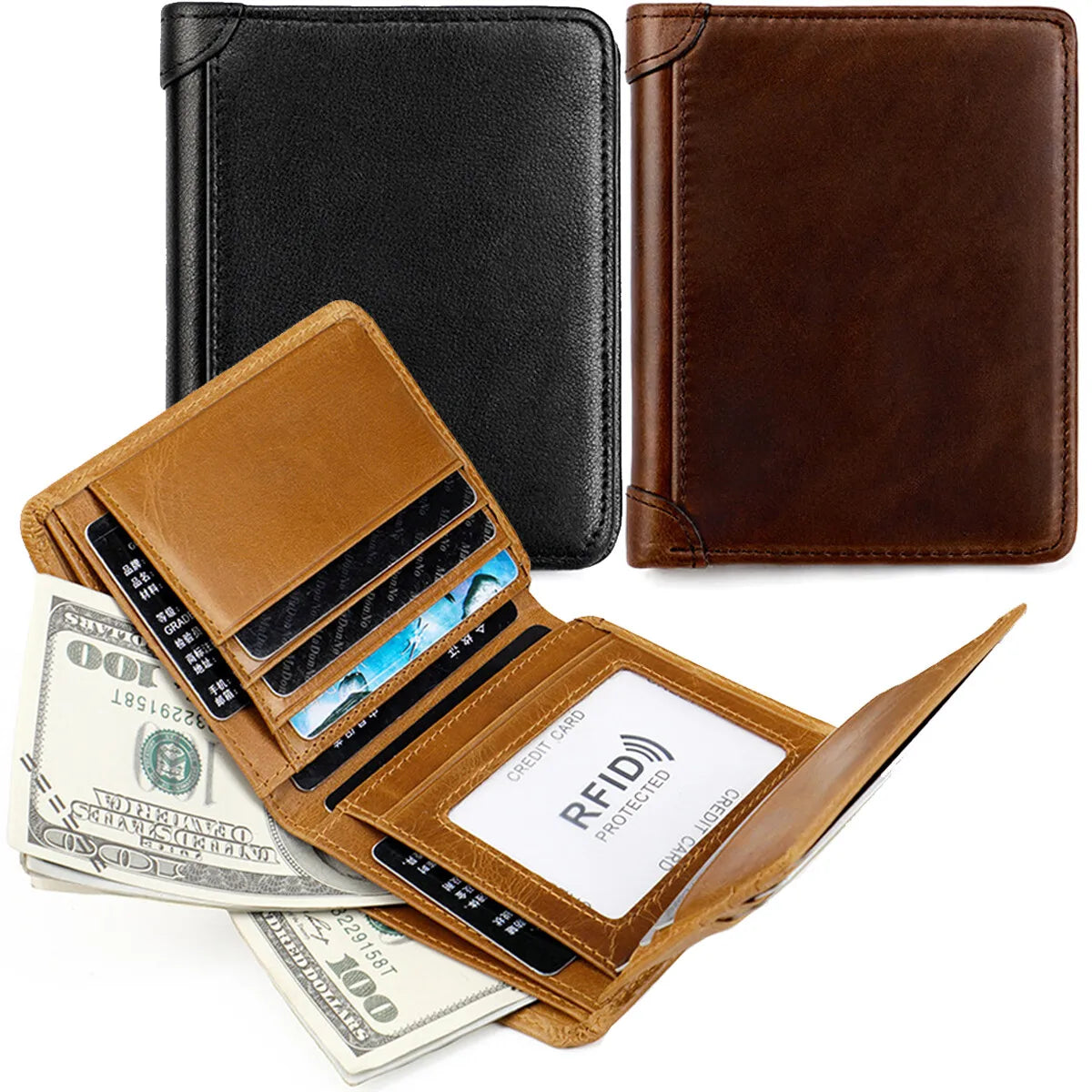 Men's Premium Leather Bifold Wallet – RFID Blocking Card Holder with ID Window