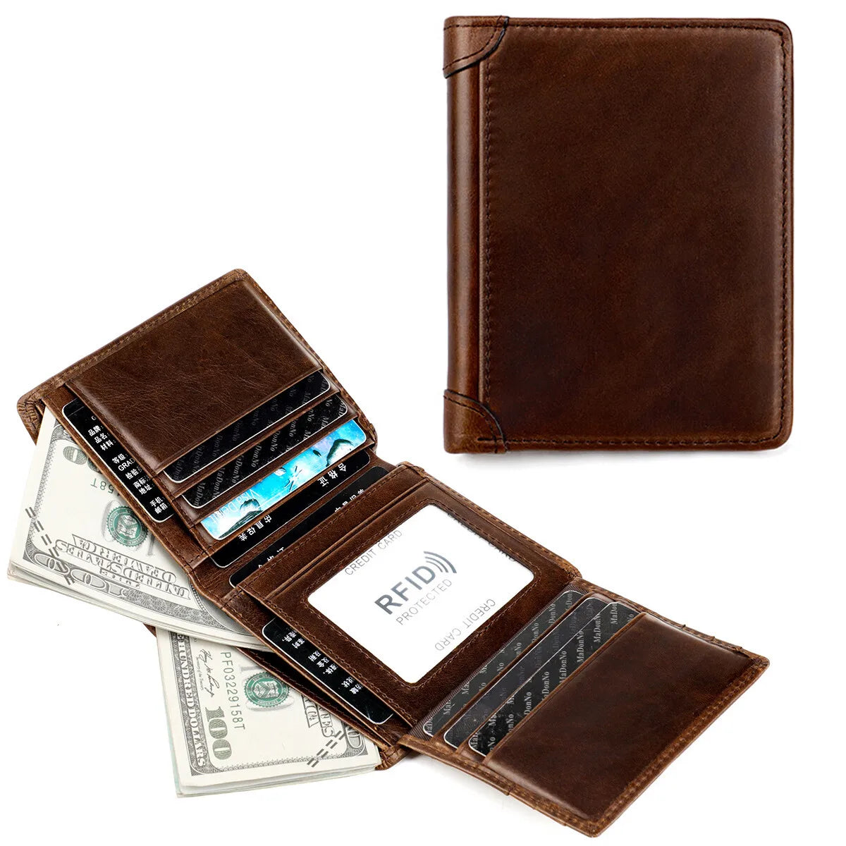 Men's Premium Leather Bifold Wallet – RFID Blocking Card Holder with ID Window