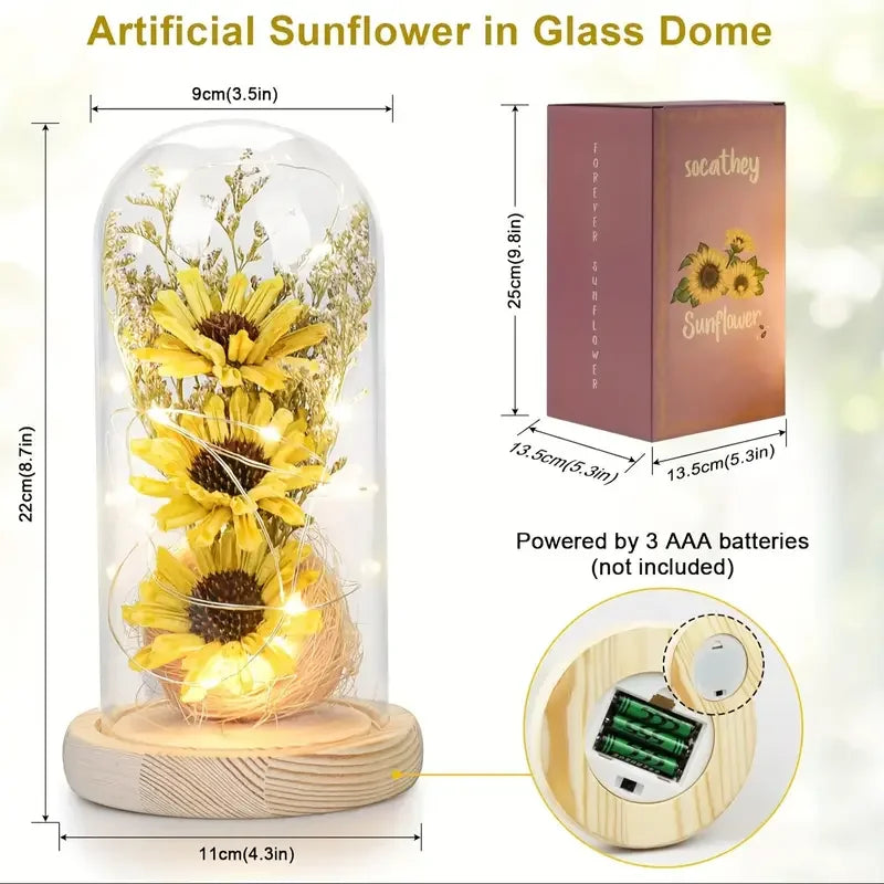 Artificial Sunflower in Glass Dome – LED Light Flower Gift for Valentine’s & Mother’s Day