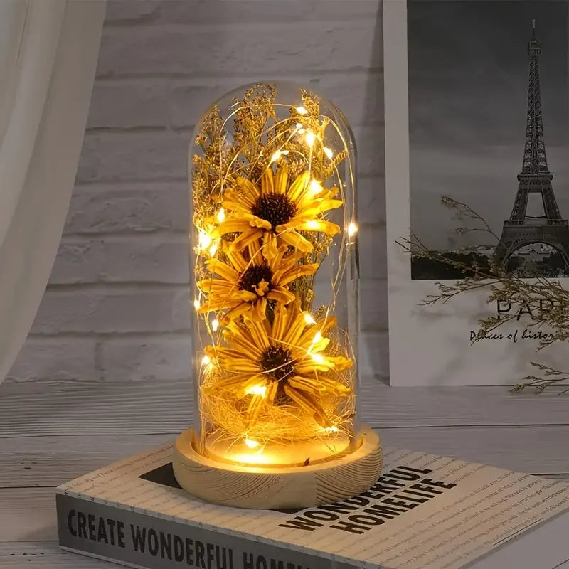 Artificial Sunflower in Glass Dome – LED Light Flower Gift for Valentine’s & Mother’s Day