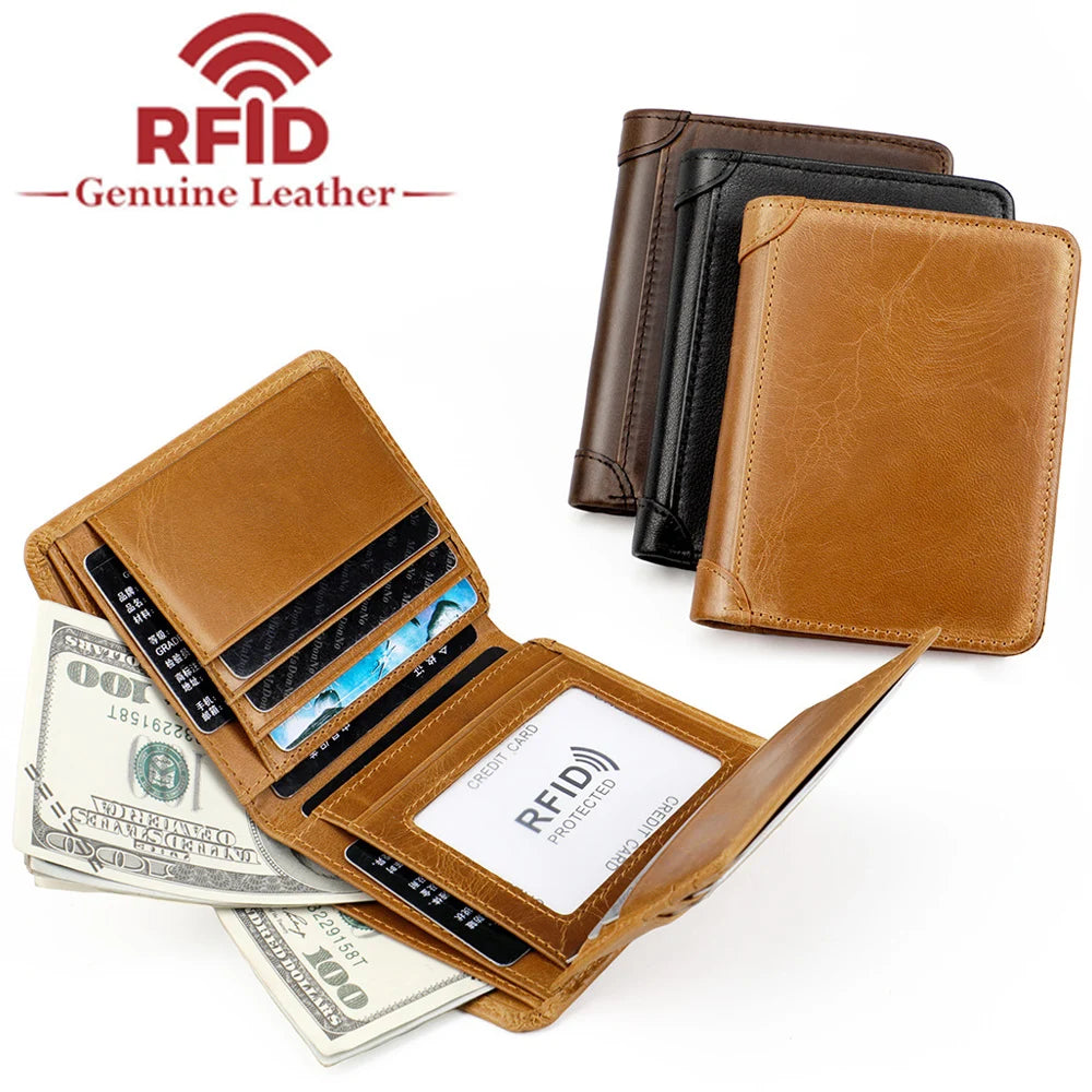 Men's Premium Leather Bifold Wallet – RFID Blocking Card Holder with ID Window