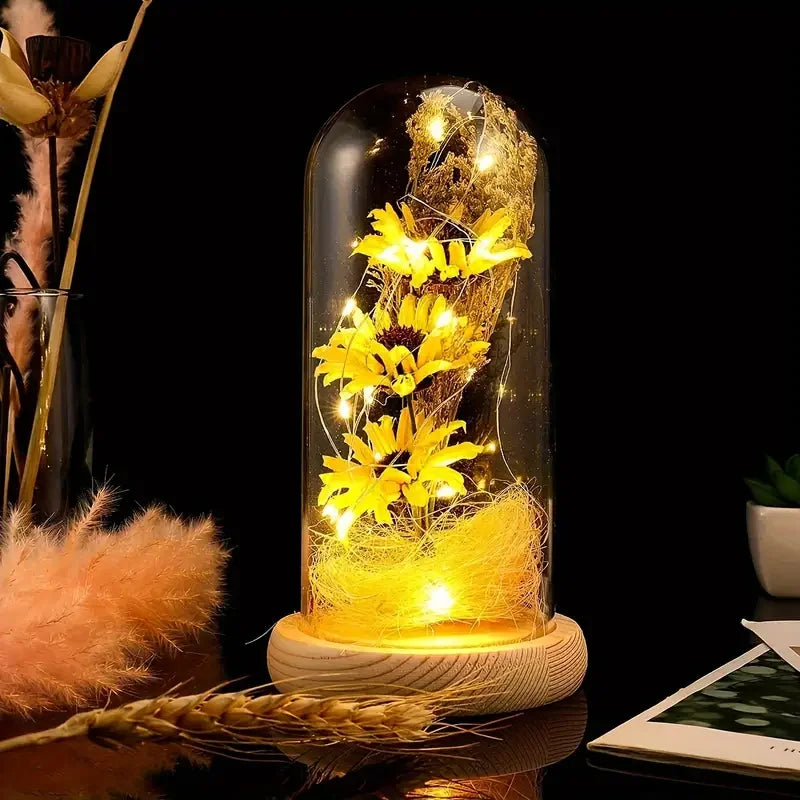 Artificial Sunflower in Glass Dome – LED Light Flower Gift for Valentine’s & Mother’s Day