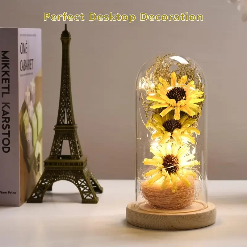 Artificial Sunflower in Glass Dome – LED Light Flower Gift for Valentine’s & Mother’s Day